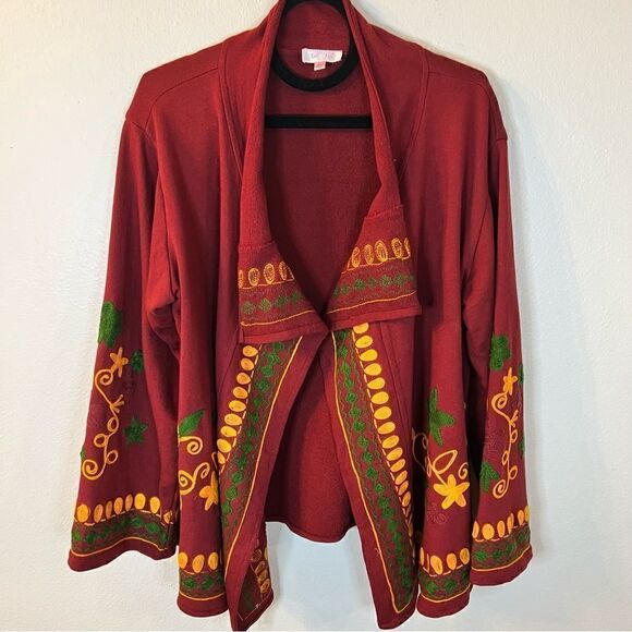 Luv 2 Luv Cardigan Women’s Size XL Red With Green Yellow Embroidery Open Front - Picture 1 of 9
